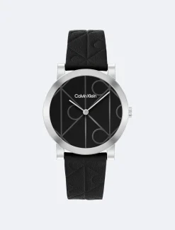 Calvin Klein Uhr mit Lederarmband und durchgehendem Monogramm^Damen Uhren & Schmuck
